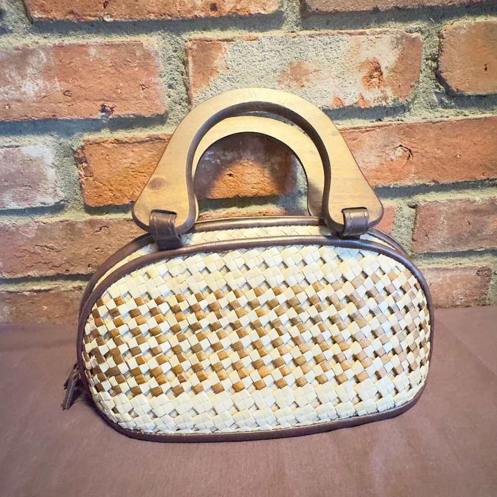 Woven Straw Accent Handbag in Natural Brown